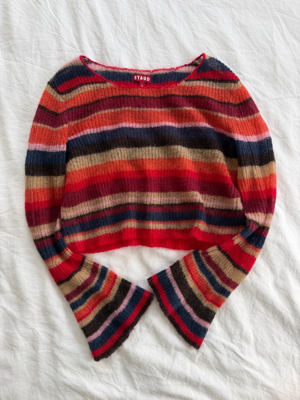 STAUD Parker Sweater - Striped Cropped Crewneck Sweater in Red, Navy, Tan & Pink
